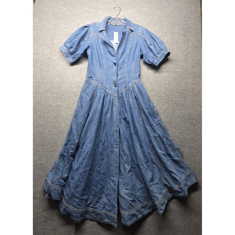 PILCRO Denim Maxi Dress Women's US 10 Blue Short Sleeve Button Front